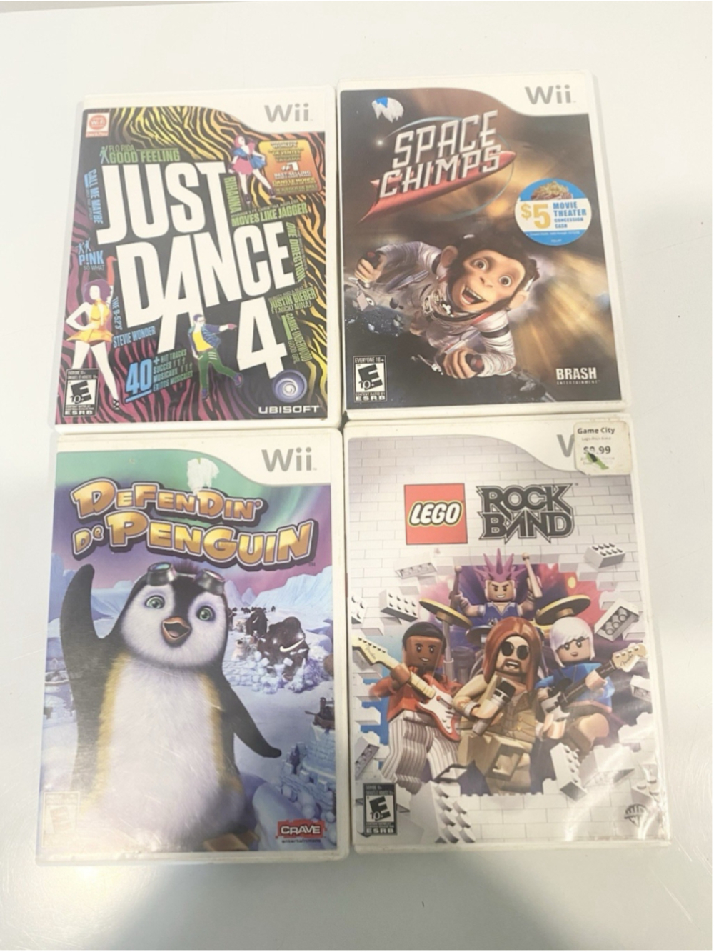 Lot of 4 Nintendo Wii Games Just Dance 4 LEGO Rock Band Space Chimps UNTESTED
